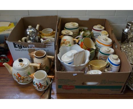 Two boxes of assorted ceramics, to include spirit barrels, hunting tea set, etc.