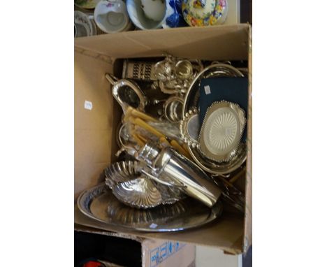 A mixed lot of assorted silver-plate to include a Mappin & Webb triple deposit cocktail shaker, flatware, trays etc