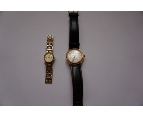 A 9ct gold manual wind wristwatch, to a black leather strap, together with a ladies gold tone bracelet watch (2) 
