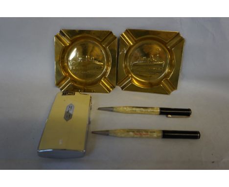 A vintage Art Deco style Ronson pocket lighter and cigarette case, together with two Cunard White Starline Mauretania, and a 