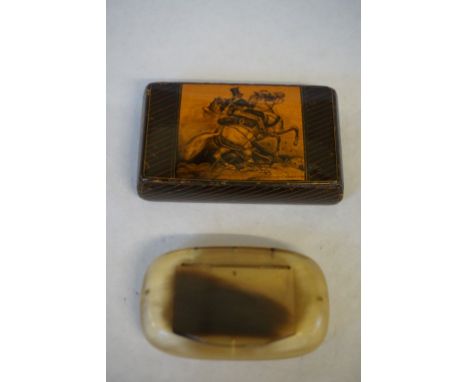 A small wooden snuff box depicting a battle scene to the top of the box entitled 'Cheval Cauchois' together with a further Ba