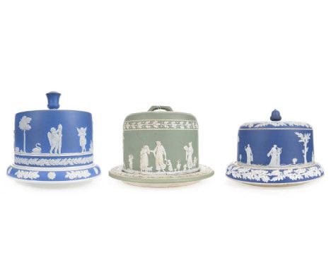 VICTORIAN WEDGWOOD GREEN JASPERWARE CHEESE DOME AND TWO FURTHER CHEESE DOMES the Wedgwood example in green and stamped, the t