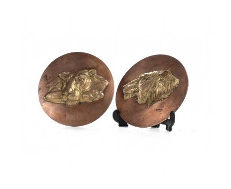 LEYLAND, PAIR OF COPPER MASCOT PLAQUES MID-20TH CENTURY each relief decorated with gilt tiger motif, enamel Leyland badge ver