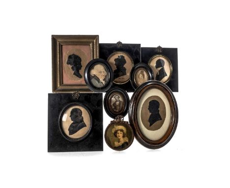 COLLECTION OF PORTRAIT MINIATURES AND SILHOUETTES 19TH CENTURY the three miniatures comprising two portraits of ladies and on