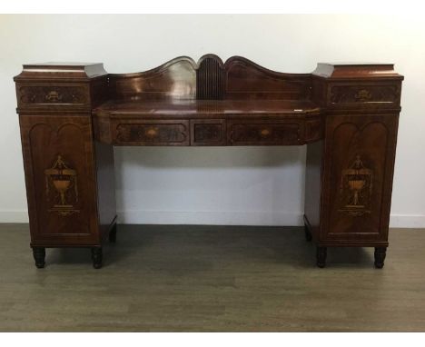 EDWARDIAN MAHOGANY BREAKFRONT PEDESTAL SIDEBOARD OF ADAM DESIGN 1901-1910 with satinwood crossbanding, stringing and marquetr