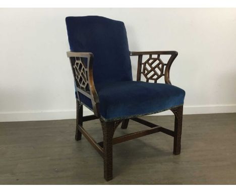 MAHOGANY ELBOW CHAIR IN THE CHINESE CHIPPENDALE TASTE LATE 19TH / EARLY 20TH CENTURY with fretwork detail and brackets, in so