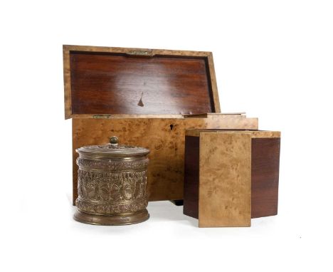 VICTORIAN BIRD'S EYE MAPLE TEA CADDY 19TH CENTURY  rectangular outline, the interior with associated container and two lidded