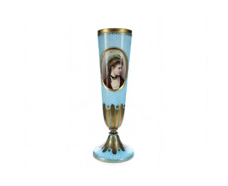 BOHEMIAN OPAQUE GLASS VASE LATE 19TH/EARLY 20TH CENTURY decorated with a portrait of a lady, surrounded by a gilded border an