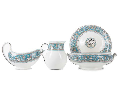 WEDGWOOD, 'TURQUOISE FLORENTINE' PATTERN PART TEA AND DINNER SERVICE comprising two tureens, sauce boat on stand, three gradu