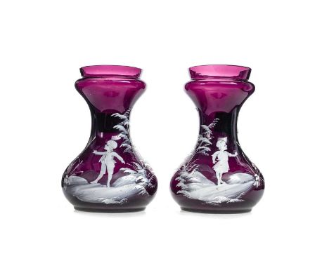 PAIR OF MARY GREGORY STYLE AMETHYST GLASS HYACINTH VASES LATE 19TH / EARLY 20TH CENTURY both with enamelled decoration of chi