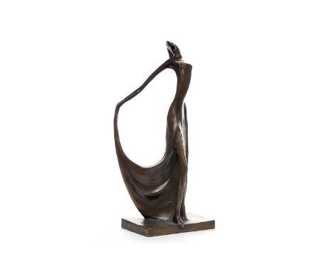 CONTEMPORARY SCHOOL, BRONZE FIGURE OF A LADY modelled holding train of dress, on oblong base, indistinct monogram verso27cm h