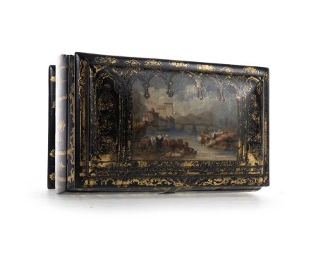 VICTORIAN GILT AND LACQUERED PAPIER-MACHE TEA CADDY MID-LATE 19TH CENTURY of bombe outline, the hinged lid painted with a Con