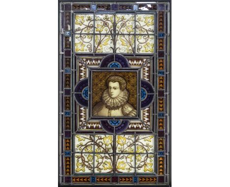 SET OF THREE VICTORIAN STAINED AND LEADED GLASS PANELS LATE 19TH CENTURY  depicting William Shakespeare, Queen Elizabeth I an