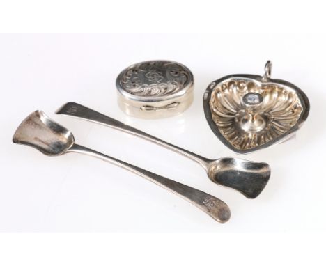 Pair of silver shovel salt spoons, probably George Smith c. 1770, a small candlestick and a small box.  (4)