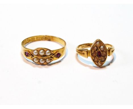 Victorian ruby and pearl ring in 18ct gold, Birmingham 1873, and another, similar, 15ct, Chester 1876, 5.8g total weight.   (