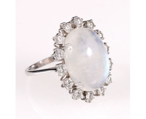 Attractive Labradorite and diamond dress ring with oval cabochon and fourteen brilliants, each approx .1ct in white gold, '75