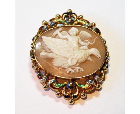 Victorian shell cameo brooch depicting Cupid breaking his bow upon an eagle, in enamelled gold mount, c. 1860. Condition Repo