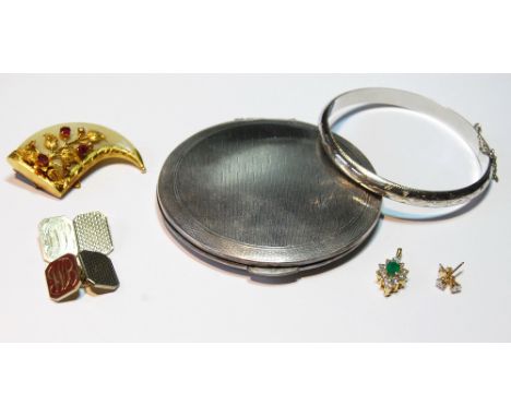 Silver compact, a similar bangle and various other items.