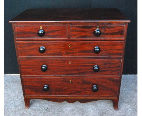 Victorian mahogany bachelor's chest, the rectangular top over two short and three graduated long drawers above shaped apron, 