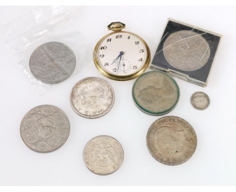 Rolled gold dress watch, crown, 1935, and seven silver and other coins.