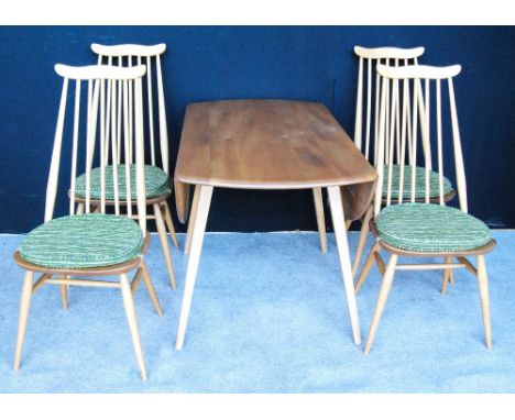 Ercol Golden Dawn beech and elm table and four chairs, 103cm wide and 126cm  long (extended).