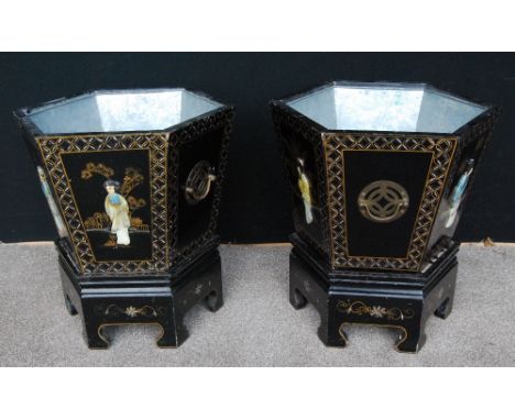 Pair of Japanese lacquered hexagonal planters, each with a liner of tapering form and elaborate panels, raised on bracket fee