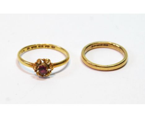 22ct gold ring, and another, 18ct, with ruby, 2.7g and 2.2g gross, sizes I½ and P½.   (2)