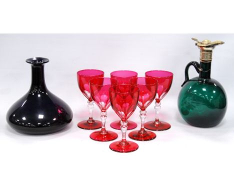 Set of six 19th century cranberry flashed wine glasses, 13cm high, green glass claret jug (a/f), 21.5cm high, and a blue glas