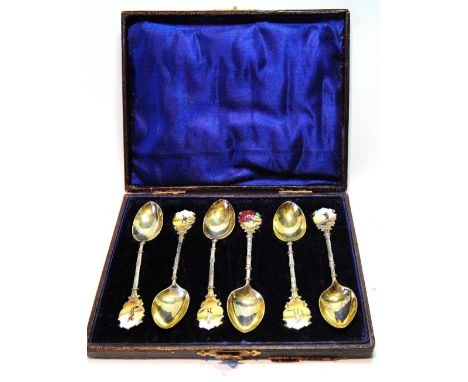 Set of six silver teaspoons with enamel terminals depicting golf, bowls, football, billiards, cricket and shooting, Birmingha