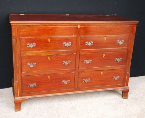 Mahogany Lancashire chest, the moulded rectangular hinged top over two short dummy drawers and four short drawers flanked by 