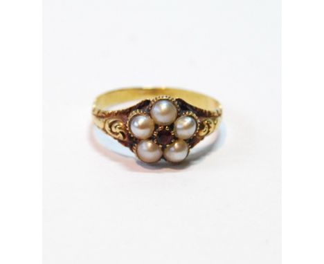 Victorian ring with five pearls and a small ruby in embossed gold with locket back, c. 1830, size P. Condition Report Some we