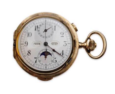 An 18k gold keyless wind triple calendar minute repeating chronograph full hunter pocket watch with moon phase, Movement: Gil
