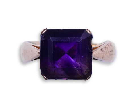 A late Victorian amethyst ring, circa 1893 claw-set with a step-cut amethyst, inscribed '25 April 1893 H&amp;H' to the interi