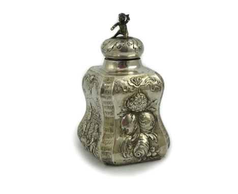 A late Victorian Hanau silver tea caddy and cover by Berthold Muller, with import marks for Chester, 1899, embossed with frui
