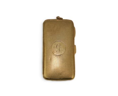 A George V 9ct gold cigarette case, circa 1919, with engine turned decoration and engraved with the initial G, measuring appr