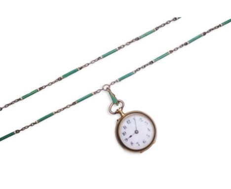 A gold and enamel fob watch, early 19th century, the open-faced pocket watch with white enamel dial and blue steel hands, app