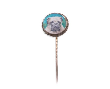 Reuben Ward Binks (1880-1950), an enamel stick pin, circa 1917 topped with an oval enamel portrait of an English Bulldog with