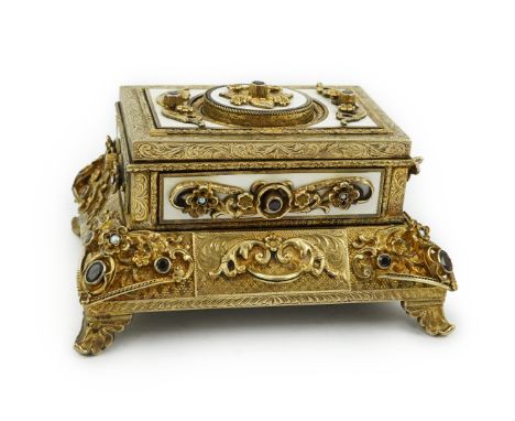 A late Karl Griesbaum Model 17 silver gilt, white enamel, garnet and cultured pearl set automaton singing bird box, of sarcop