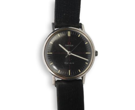 A gentleman's late 1960's/early 1970's stainless steel Omega manual wind wrist watch, the black dial with red cross-hair and 