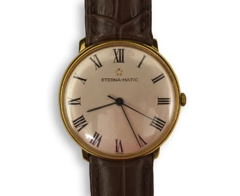 A gentleman's 18ct gold Eterna-Matic manual wind dress wrist watch, on a later associated Hirsch leather strap, with Roman di