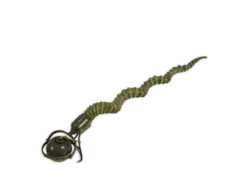 A late Victorian antelope horn handled silver orb shaped gimbal table lighter, by Joseph Braham, London, 1897, overall length