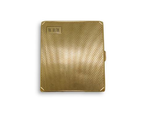 A 9ct gold cigarette case, circa 1930 of square outline, the exterior with engine turned decoration and the engraved initials