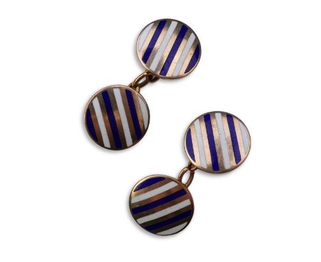 A pair of gold and enamel cufflinks each end of circular outline, applied with alternating stripes of blue and white enamel, 