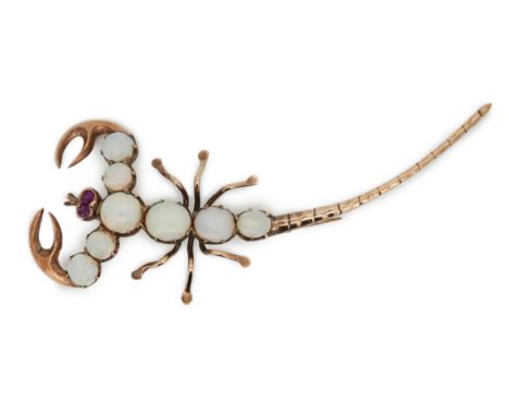 An opal brooch, mid 20th century, designed as a scorpion, its body set with cabochon opals, its eyes set with synthetic rubie