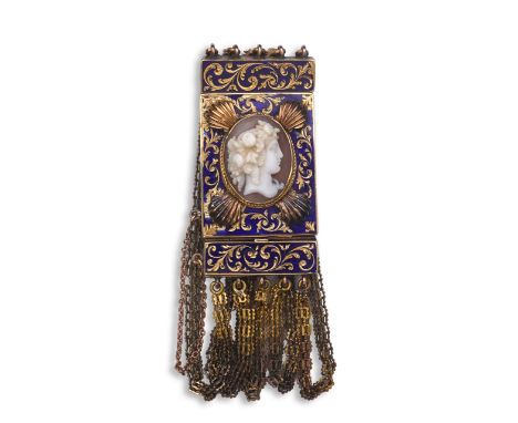 A Victorian shell cameo and enamel bracelet, late 19th century, the clasp set with a shell cameo depicting the goddess Flora,