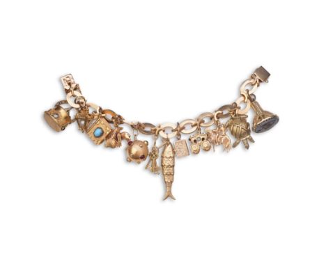 A gold charm bracelet the gold bracelet composed of oval and X-shaped links, suspending a series of twelve charm pendants inc