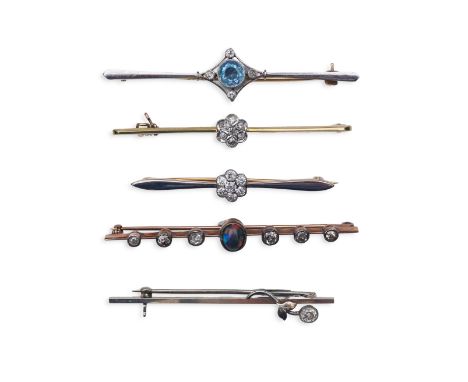 A collection of five gem-set brooches, early 20th century the five bar brooches comprising: one set with a cabochon black opa