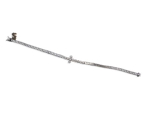 A diamond bracelet, designed as a sequence of links set with step-cut diamonds, centring on a cross motif composed of collet-