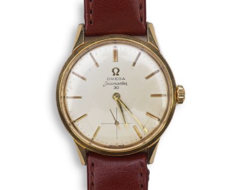 A gentleman's steel and gold plated Omega Seamaster 30 manual wind wrist watch, on a later associated leather strap, with bat