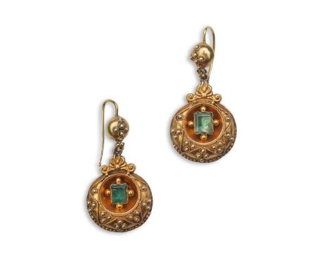 A pair of Victorian emerald and gold earrings, third quarter 19th century, each of pendent design, set with a step-cut emeral